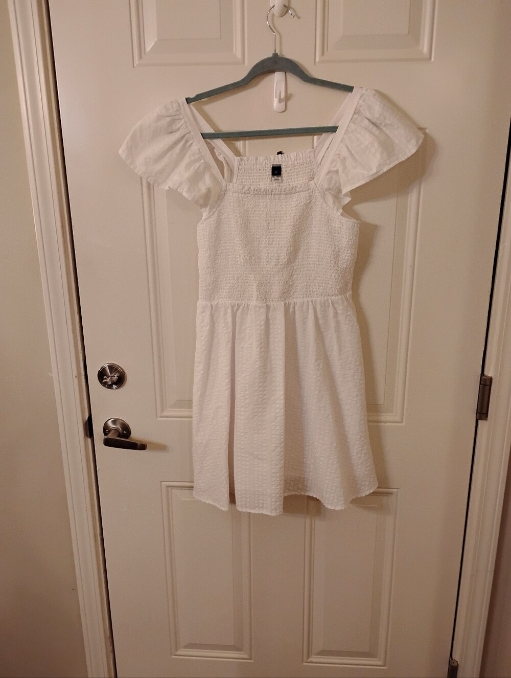 Old Navy White Smocked Off-Shoulder Dress Seersucker Mini Dress